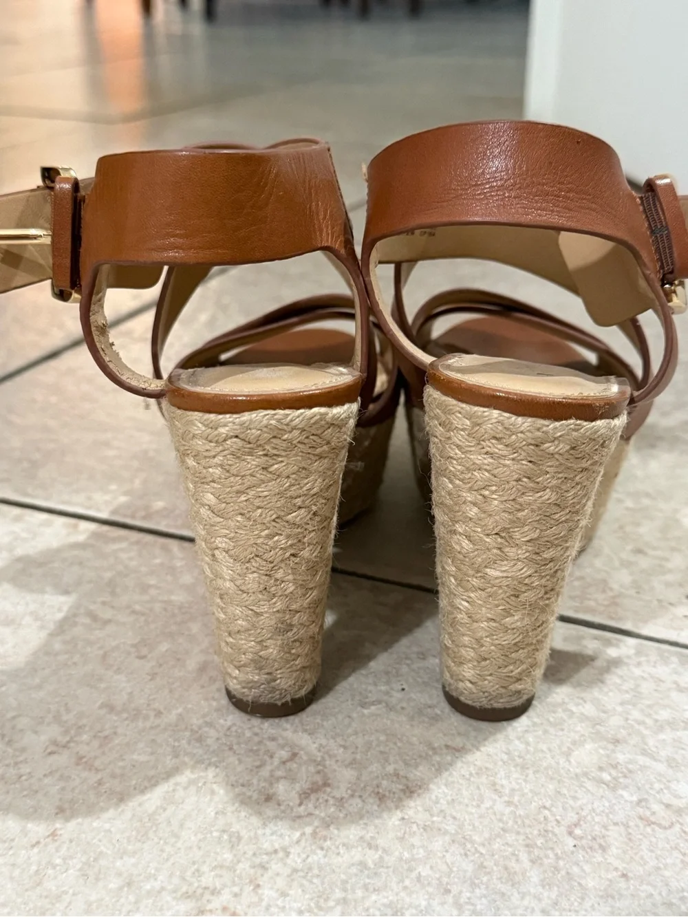 Michael Kors Leather Espadrille Platform Sandals Brown Size 6.5 Ankle Strap